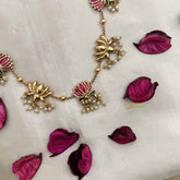 Vriksham Handcrafted Red Lotus Motif Gold Tone With Pearl Droplets Long Neckpiece-G20417